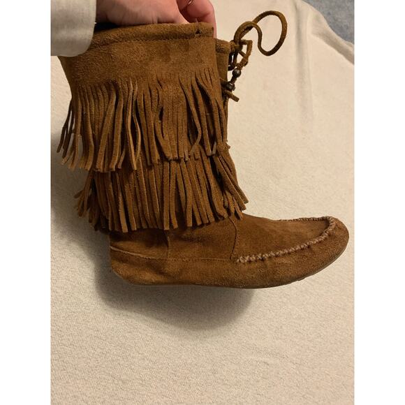 Minnetonka Fringe Leather Mid Calf Brown Flat Boot Women's Size 7.5 - Picture 3 of 12